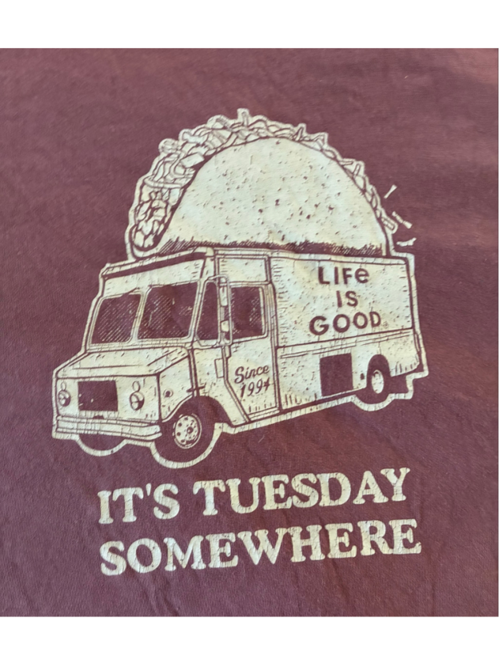 Men's Life is Good Maroon Taco Truck Graphic Tee Size XXL - Picture 2 of 3